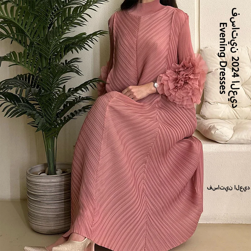 ANLAN Elegant Pleated Maxi Dress 2024 – Sheer Petal Sleeves & Evening Party Style