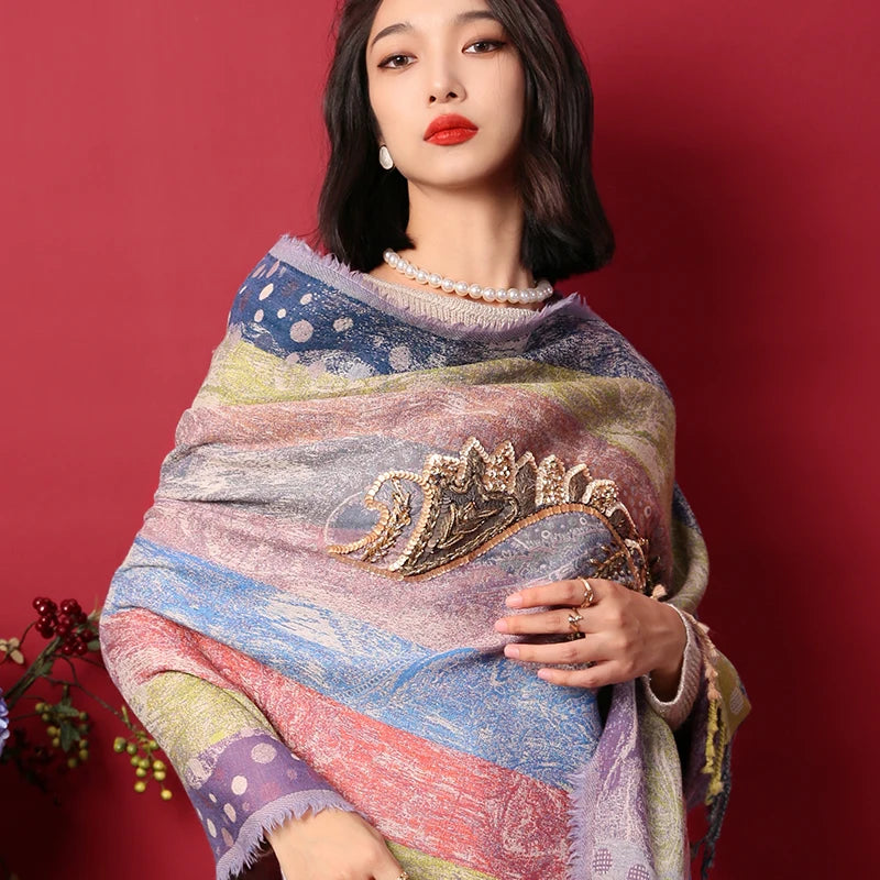 100% Wool Embellished Scarf and Shawl Set