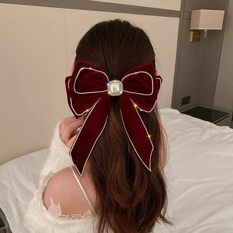 Velvet Hair Clip With Pearl and Crystal