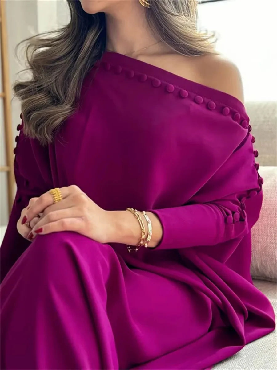 Women's Off Shoulder Maxi Dress with Wide Sleeves